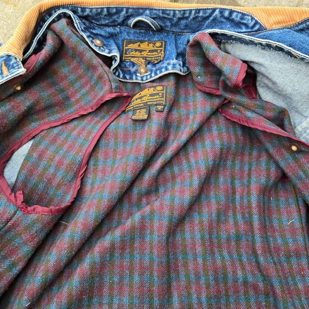 Eddie Bauer Blue Denim Jacket with Tan Accents and removable flannel lining - Picture 3 of 11